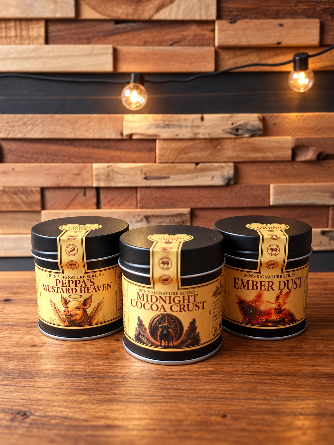 Ben’s eGGcellent BBQ Probier-Set mit Ember Dust, Peppa’s Mustard Heaven und Midnight Cocoa Crust.